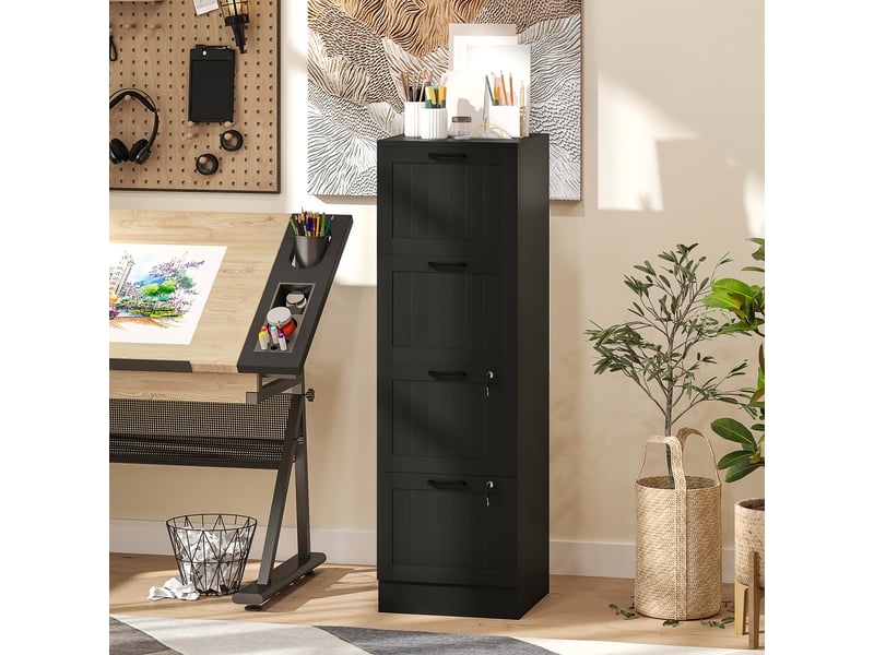  Caisson bureau, meuble rangement bois 4 tiroirs et serrure, barres de suspension réglables, 40 x 40 x 131 cm, noir  - Conforama D