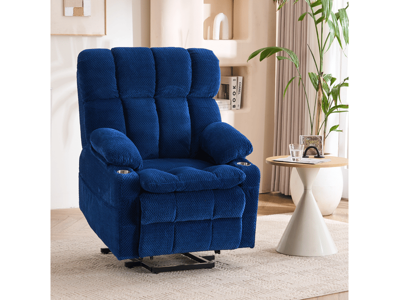  Fauteuil relax électrique avec releveur, massage 8 points, chauffage lombaire, télécommande, tissu bleu  - Conforama C
