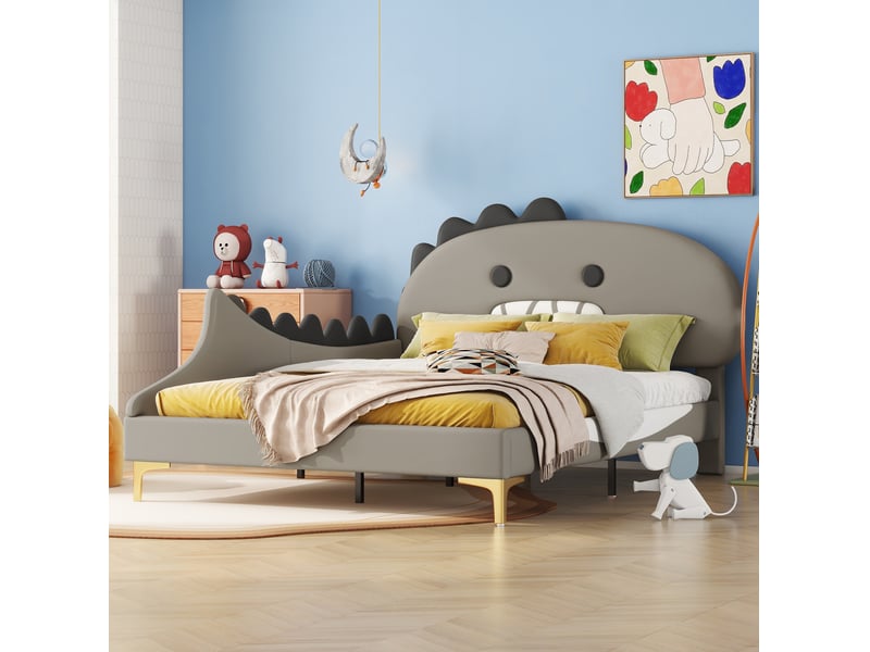  Lit enfant dinosaure 140x200 cm en pu et panneau mdf gris  - Conforama D