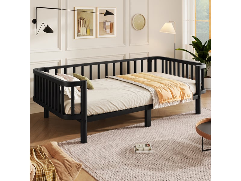  Lit simple 90x200 cm en métal noir avec sommier à lattes  - Conforama E