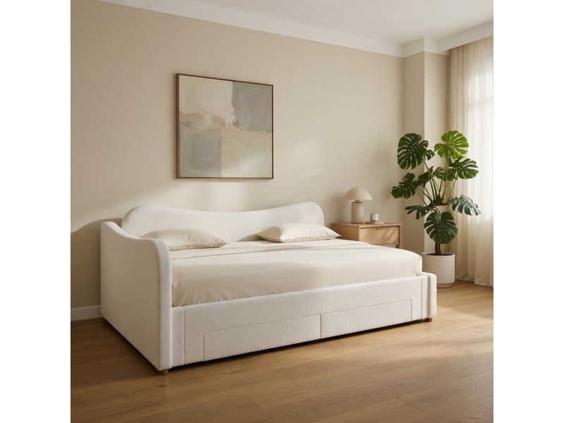  Gutenacht canapé lit gigogne 90x200 cm beige en bouclé avec 2 tiroirs et usb  - Conforama D