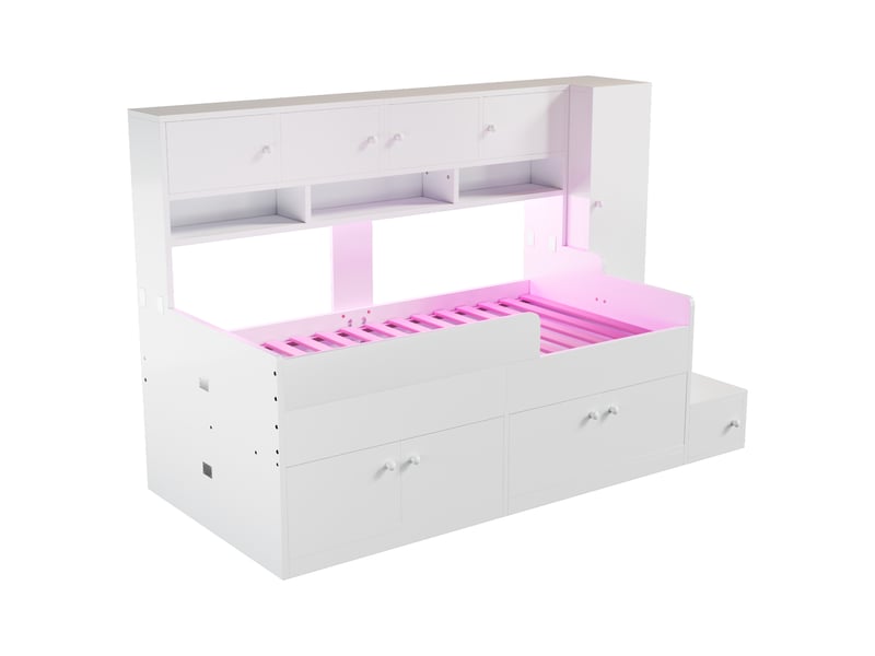 Lit mezzanine led 90x200 cm, lit enfant avec rangements, armoire et sommier à lattes, bois blanc, sans matelas  - Conforama E