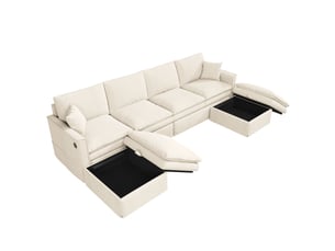 Canapé d’angle modulable 6 places 277x135x80 cm en ul avec 2 poufs mobiles avec rangement, usb et usb-c, 2 coussins, tissu coton-lin beige