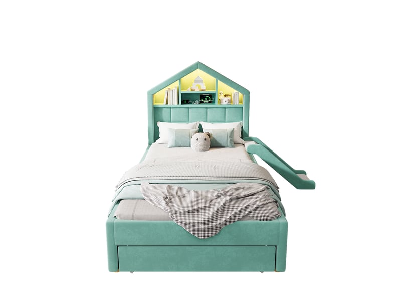  Lit enfant 90x200 cm avec toboggan réversible, éclairage led, rangement et tiroir, velours bleu-vert sans matelas  - Conforama A