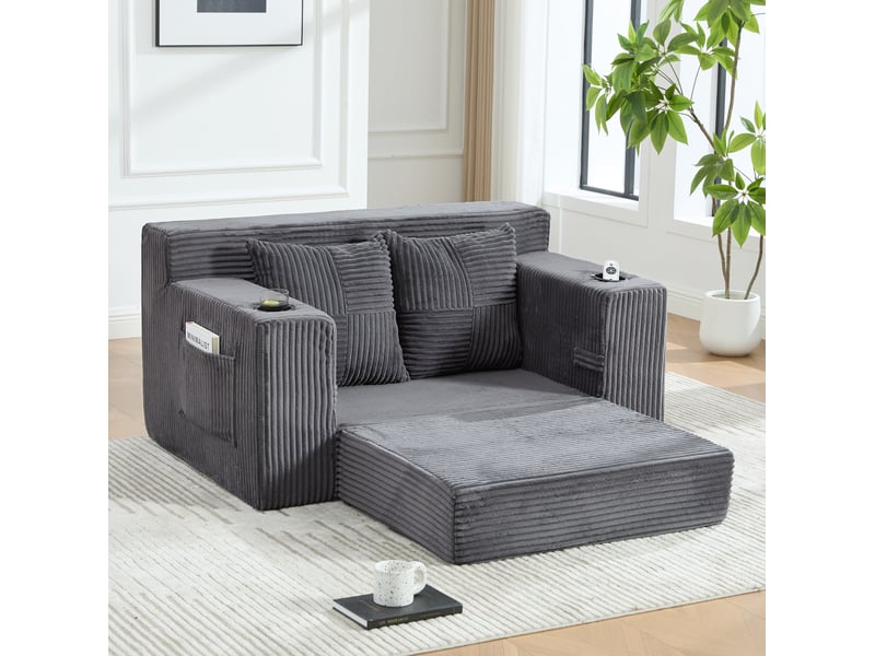  Canapé-lit 2 places 151x133x64 cm avec 2 coussins et porte-gobelet gris sans matelas  - Conforama C