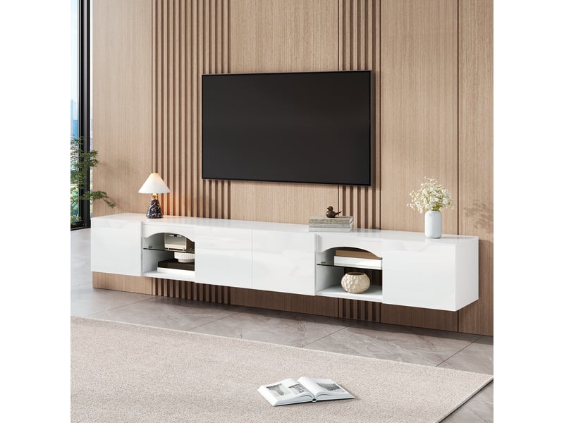  Meuble tv avec 4 portes, 2 casiers ouverts, éclairage led contrôlé par application, étagères en verre, meuble tv moderne en panneau de particules  - Conforama E
