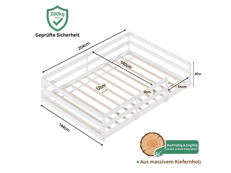  Lit enfant montessori 140x200 cm, lit bas avec barrière de sécurité, lit double avec sommier, bois, blanc sans matelas  - Conforama C