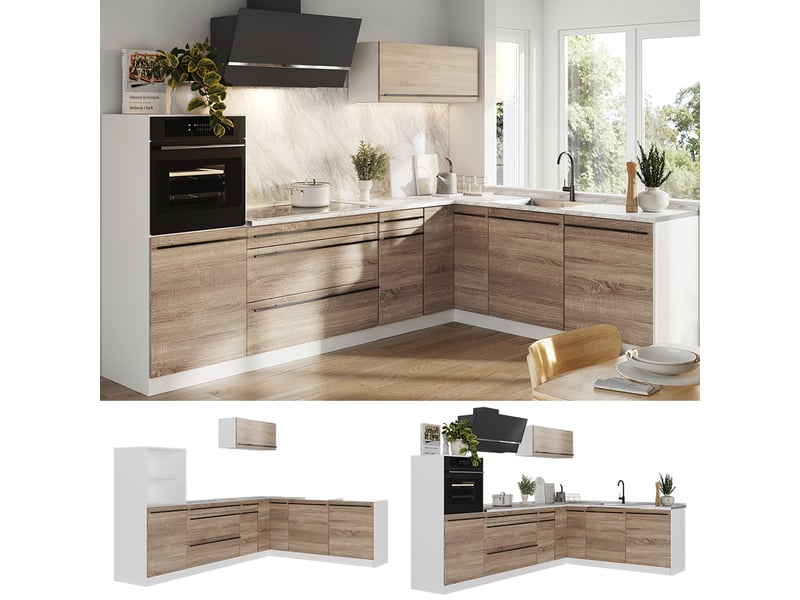 Vicco cuisine en angle, sonomablanc, 287 x cm plan de travail chêne doré - Conforama D