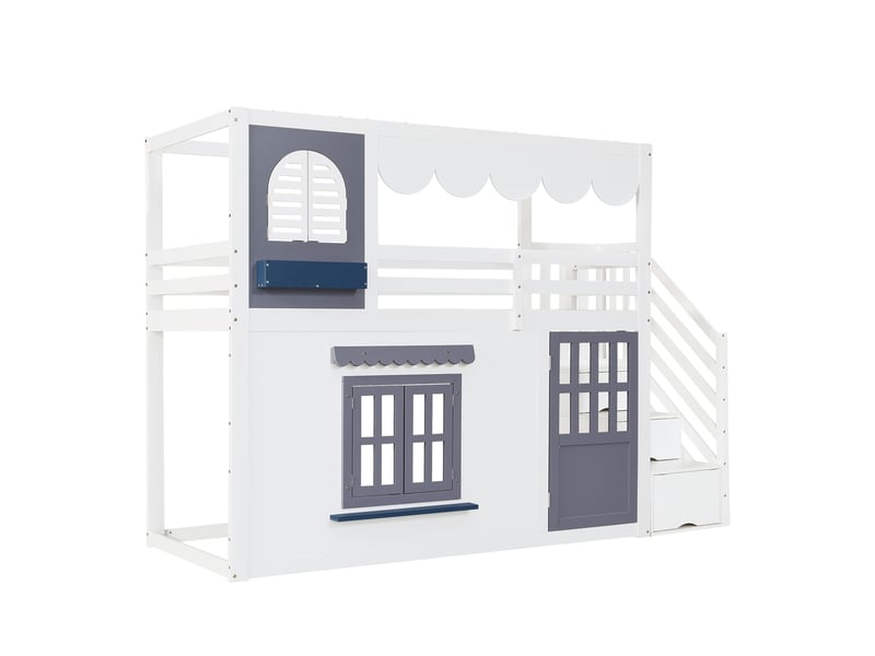  Lit mezzanine enfant 90x200 cm blanc forme maison avec escalier et rangements  - Conforama D