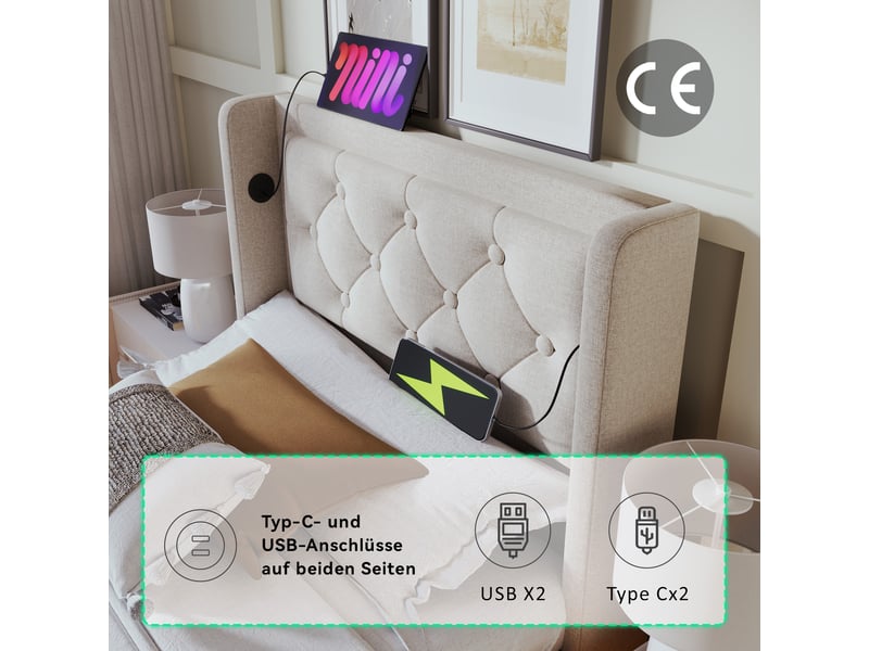  Lit rembourré 90x200 cm - usb-c - led - 2 tiroirs - gris avec matelas  - Conforama R