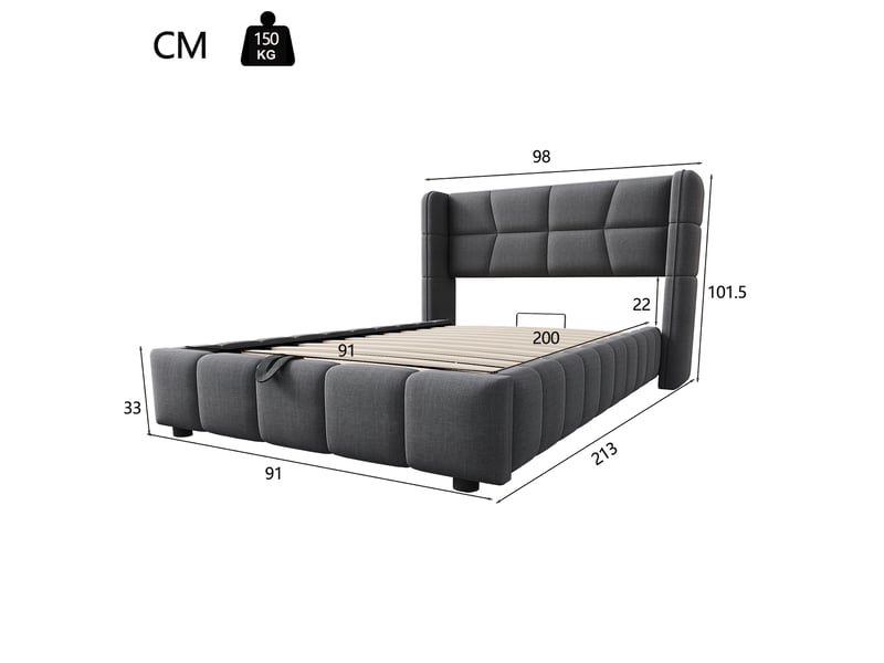  Lit coffre enfant simple 90×200 cm avec tête de lit, sans matelas - okmyhome- tissu gris, structure métal  - Conforama D