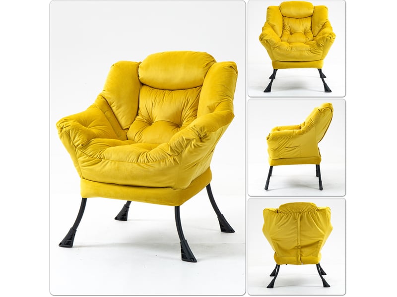 Fauteuil relaxant en velours jaune avec poche latérale et structure métallique - Conforama E