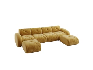 Canapé modulable en u 4 places en tissu chenille jaune avec 2 poufs