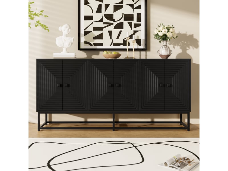  Buffet avec 6 portes et 3 compartiments pour salon en panneaux de particules 160×38×75,5 cm noir  - Conforama C