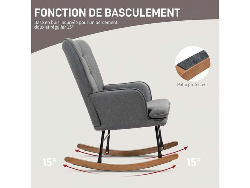  Fauteuil à bascule avec repose-pieds et fauteuil de relaxation avec accoudoirs, revêtement aspect lin, charge 130 kg  - Conforama R