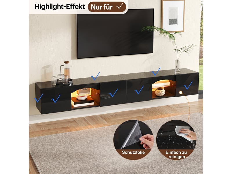  Meuble tv bas 4 portes niches led pilotées par application - lpospi - verre panneau de particules noir  - Conforama E