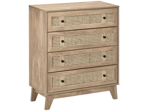 Commode à 4 tiroirs avec inserts en rotin, style bohème, 80 x 35 x 95 cm, bois naturel