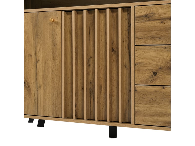  Buffet 2 portes et 3 tiroirs avec façade à lamelles et rangement, 120x40x85 cm, effet chêne foncé  - Conforama R