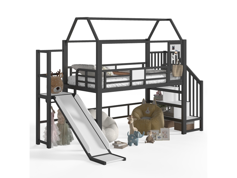 Lit mezzanine 90x200 cm, structure en métal et bois, coloris noir, rangements intégrés, led via bluetooth, escalier sécurisé, garde-corps, toboggan - Conforama A