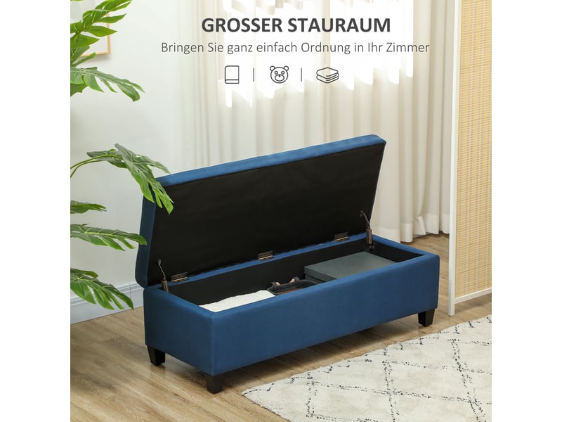  Banc coffre capitonné avec espace de rangement aspect lin bleu  - Conforama D
