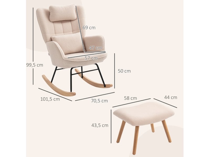 Fauteuil à bascule avec repose-pieds, revêtement en polaire douce, pieds en bois, oreiller, haut dossier, fauteuil à bascule, beige - Conforama E