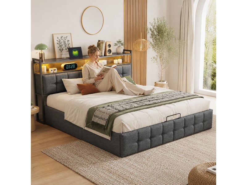  Lit coffre adulte 140x190 avec led et usb, lit double rembourré avec sommier à lattes, lit 2 places avec rangement, lin gris  - Conforama W