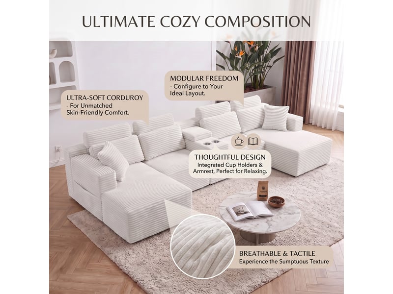Canapé d’angle en u 6 places 372 x 151 x 80 cm, grand format modulable à assise moelleuse et porte-gobelets, mousse et velours côtelé, blanc OMNIGLINT TRADING LTD - Conforama E