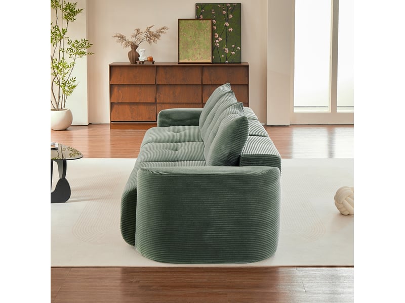 Canapé modulable 3 places couleur vert sauge, configuration 2+1, design arrondi, mousse, revêtement côtelé  - Conforama E