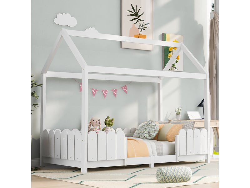 Lit cabane enfant 90x200 blanc avec barrière de sécurité et sommier à lattes bois massif pour chambre - Conforama W