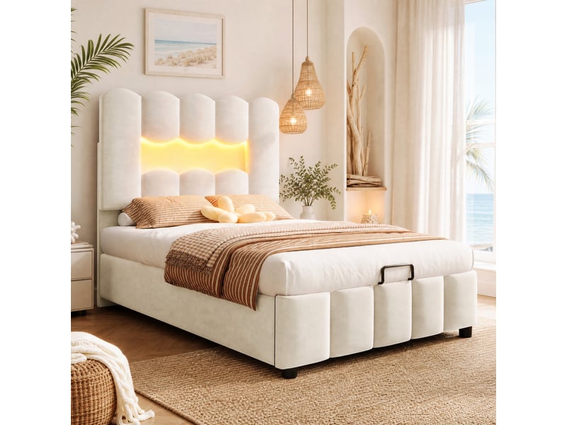  Lit coffre 90x200 cm rangement hydraulique, éclairage multicolore en velours et mdf beige  - Conforama D