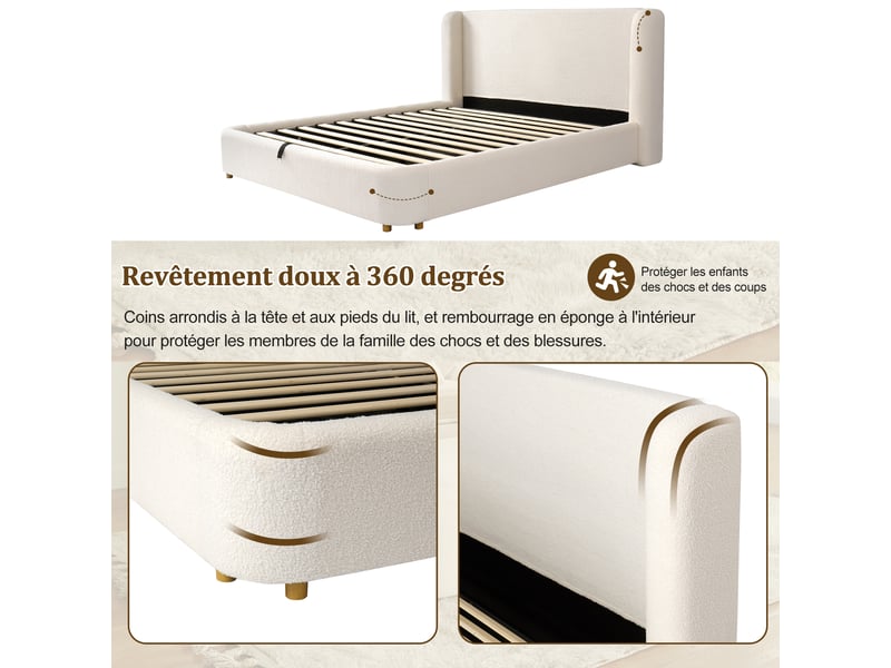  Lit coffre rembourré 140x190cm - tête de lit capitonnée - avec espace de rangement - velours bouclé - beige (matelas non inclus)  - Conforama R