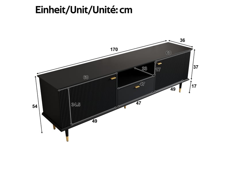  Meuble tv avec 2 portes, 1 tiroir, 1 niche ouverte et passe-câbles, fermeture douce, pour salon, 170×36×54 cm  - Conforama D