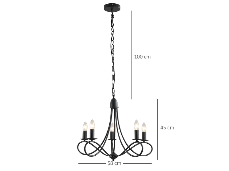  Lustre de plafond de style rustique, en acier tressé noir, avec 5 bougeoirs réglables et pliables ф58 x 45cm  - Conforama E
