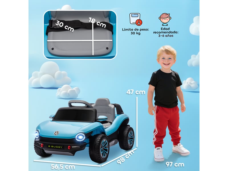  Voiture électrique pour enfants de 3 ans et plus, volkswagen e-buggy 12v avec télécommande 2,4 ghz, roues avec suspension, bleue  - Conforama E