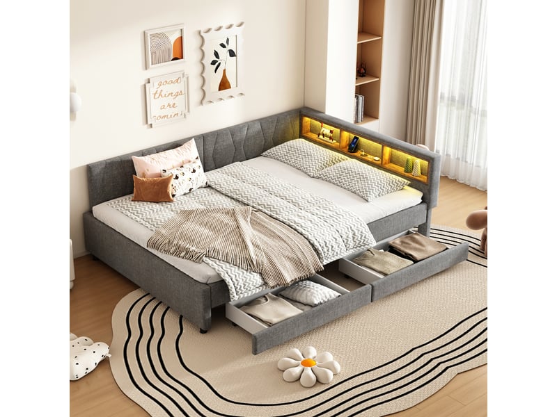 Lit en lin et mdf gris 145x210 cm - Conforama B