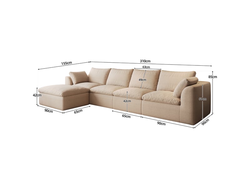 Canapé d'angle fixe 5 places 310x155x83 cm kaki en tissu, méridienne gauche et mousse haute élasticité - Conforama C