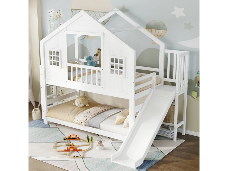  Lit superposé toboggan enfant lit cabane bois massif avec toit et fenêtre  - Conforama B