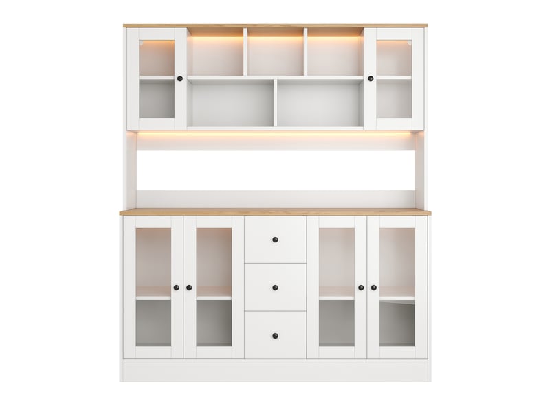 Armoire de cuisine vitrine 150x40x173 cm - 6 portes en acrylique - 3 tiroirs - led et prises - mdf - blanc et bois naturel  - Conforama A