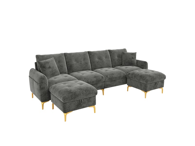  Canapé d'angle modulable convertible 4 places en tissu gris en u avec 2 poufs de rangement pour votre salon  - Conforama A