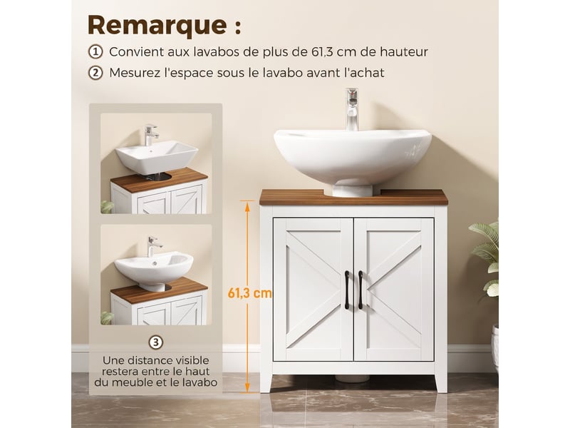  Meuble sous lavabo, meuble de salle de moderne bain avec 2 portes de grange et étagère réglable, blanc  - Conforama E