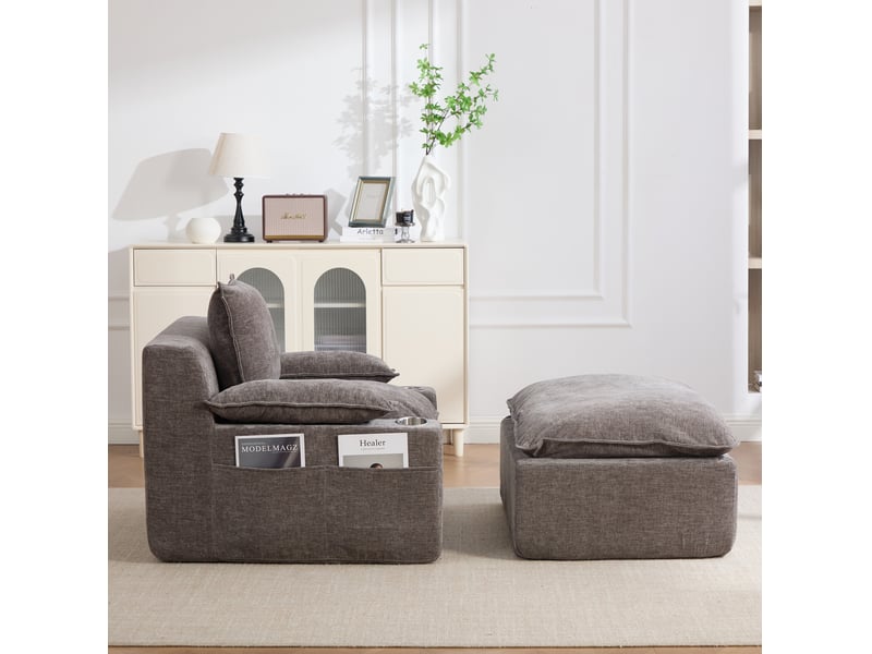  Chaise longue tcqpz 1 place en chenille gris 113 x 109 x 81 cm avec 4 coussins porte-gobelet et poche de rangement sans montage  - Conforama D