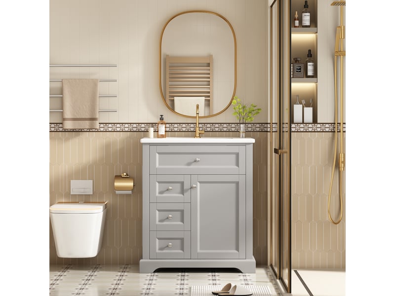  Meuble vasque salle de bain gris 76 cm avec lavabo intégré, tiroirs soft-close et étagère réglable  - Conforama B