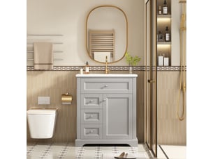 Meuble vasque salle de bain gris 76 cm avec lavabo intégré, tiroirs soft-close et étagère réglable