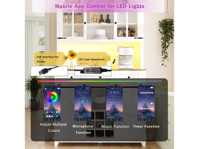  Buffet de cuisine 105x38,4x180 cm avec portes vitrées, casier à bouteilles buffet avec éclairage led, 4 portes,3 tiroirs,blanc  - Conforama B