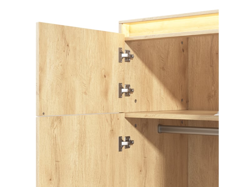  Armoire 2 portes battantes avec miroir et double led, 4 tiroirs et penderie, 90 × 47 × 200 cm, effet chêne naturel  - Conforama E
