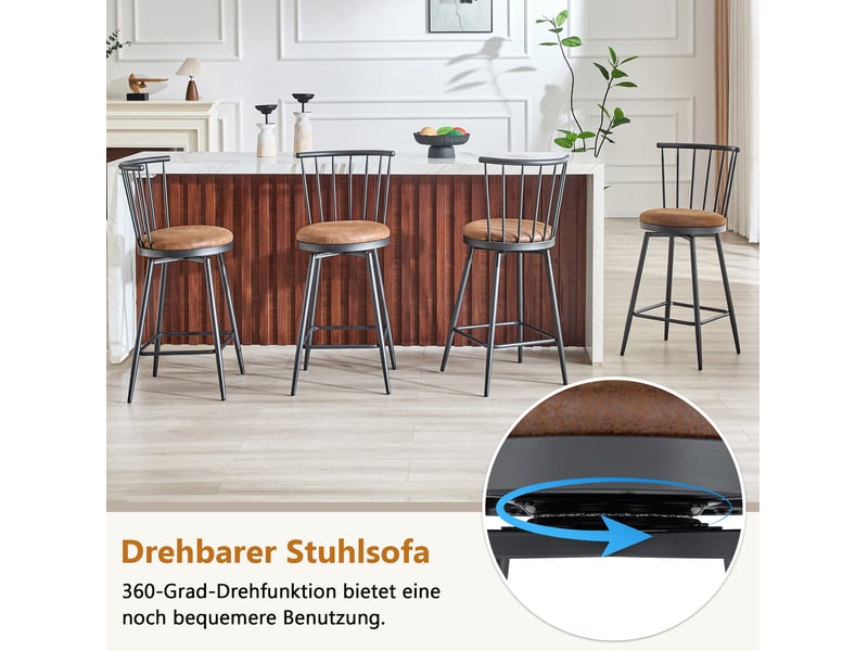  Tabouret de bar rembourré avec dossier courbé et repose-pieds, style industriel en tissu marron  - Conforama E