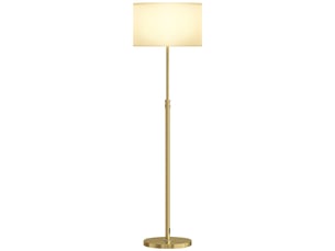 Lampadaire avec télécommande, hauteur réglable, abat-jour en tissu, pied en métal, luminosité réglable, interrupteur au pied, couleur or