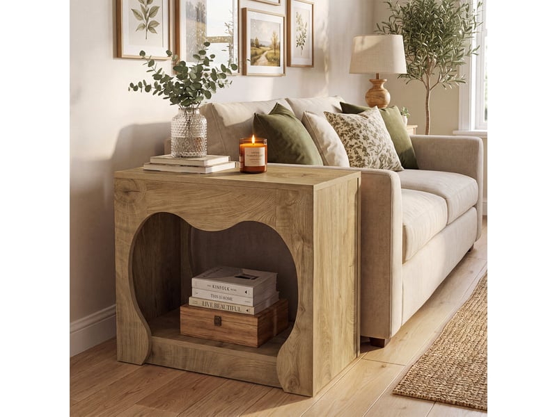  Table d'appoint style ferme à 2 niveaux avec étagères de rangement, table de chevet rectangulaire et étroite avec découpe en arche, idéale pour les petits espaces, le salon ou la chambre – marron naturel  - Conforama D