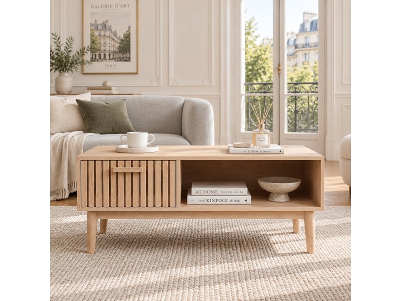  Table basse bois ,table basse de salon avec tiroir , table d'appoint en en bois massif, meuble de salon ,100x50x43 cm  - Conforama E
