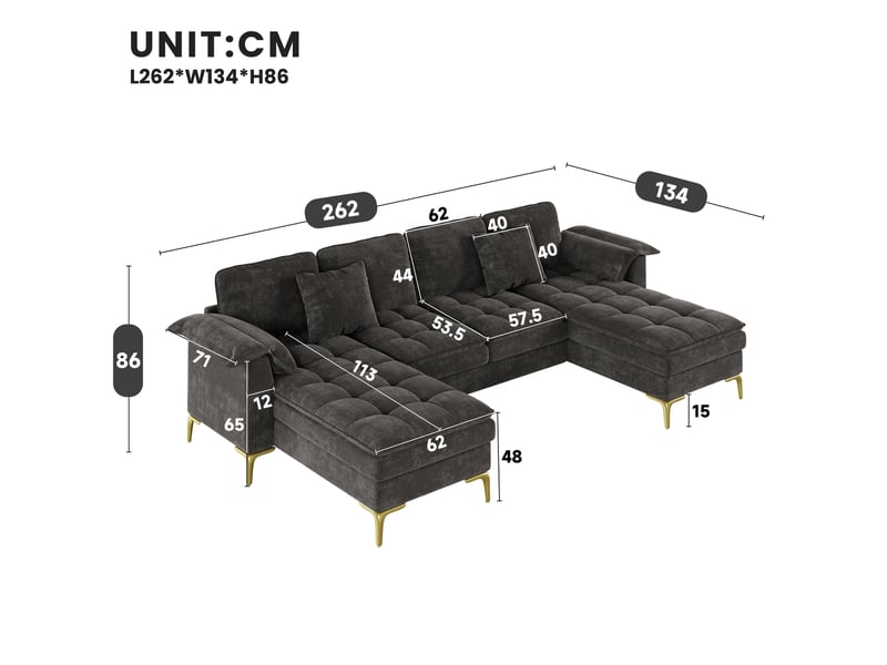  Canapé panoramique en u 4 places modulaire avec deux méridiennes, coussins et pieds en métal doré, en chenille gris  - Conforama C